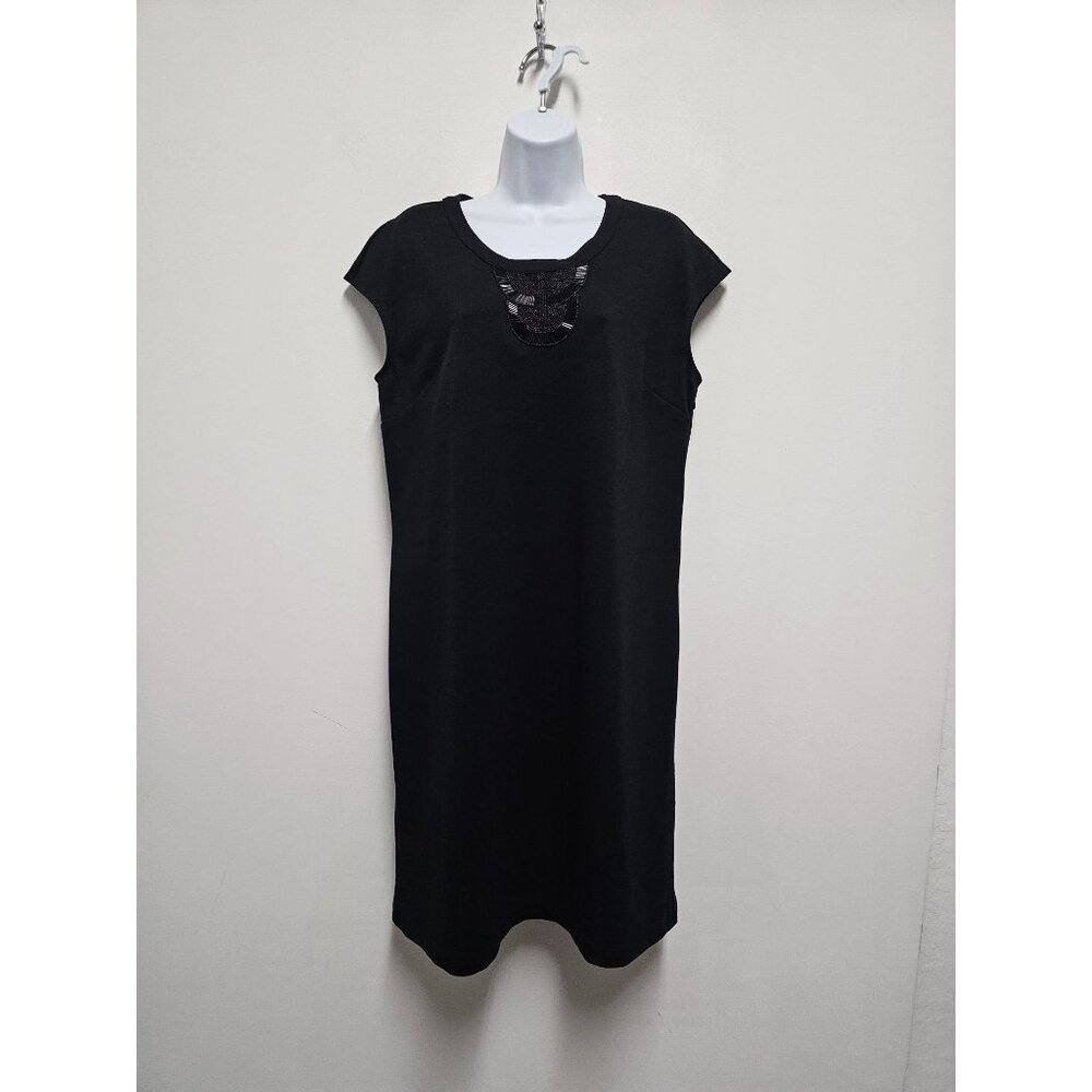 Dana Buchman Stunning Black Beaded Front Ladies Classic Shift Dress Size Large